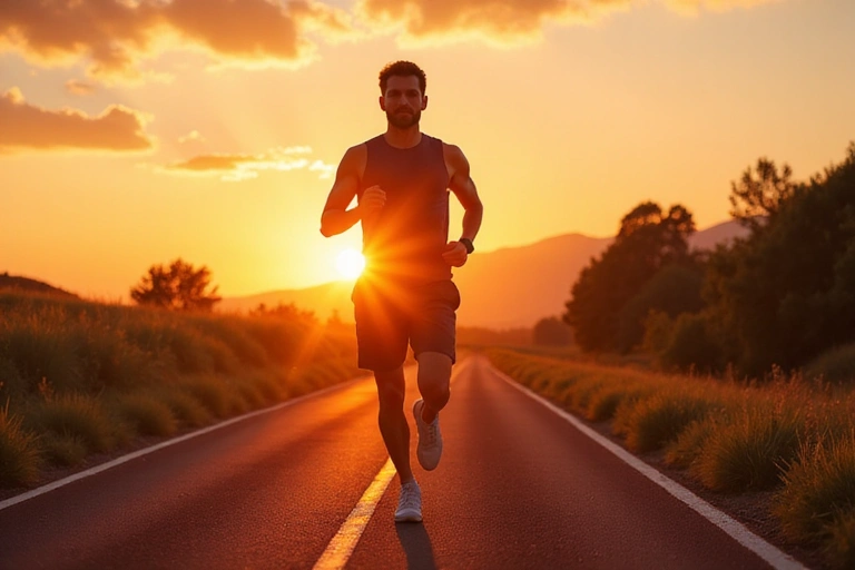Uomo energico che corre al tramonto