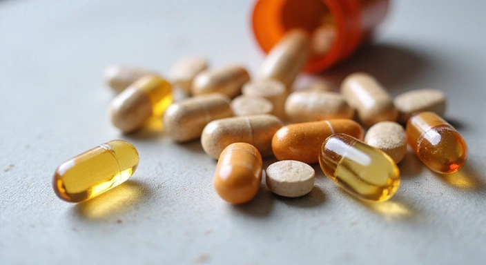 Vari tipi di vitamine e capsule su uno sfondo scientifico