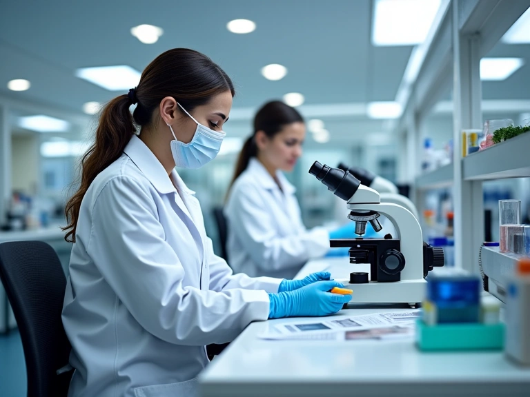 Immagine di un laboratorio moderno con scienziati che esaminano campioni, rappresentando il controllo qualità e la produzione di CoreUp