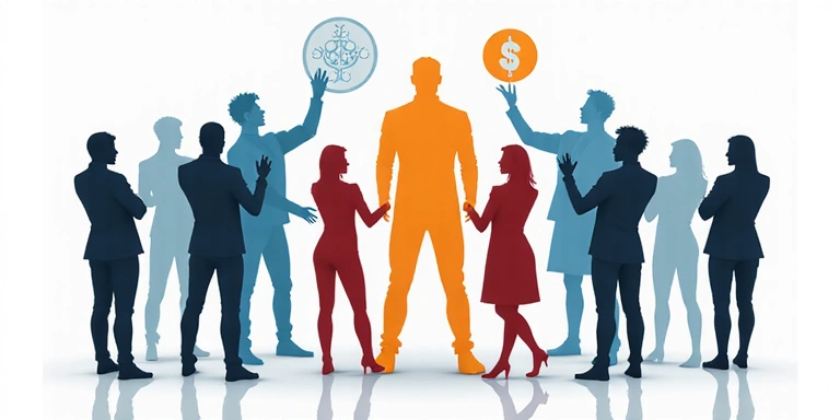 Immagine astratta che rappresenta un team coeso e professionale, con figure stilizzate e elementi che richiamano collaborazione e innovazione, senza volti riconoscibili