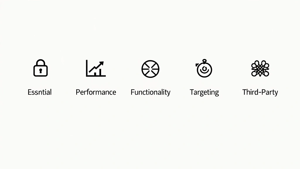 Icone che rappresentano diversi tipi di cookie: essenziali, performance, funzionalità, targeting e terze parti.