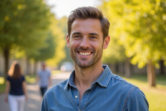 Uomo sorridente e soddisfatto dopo aver usato integratori CoreUp