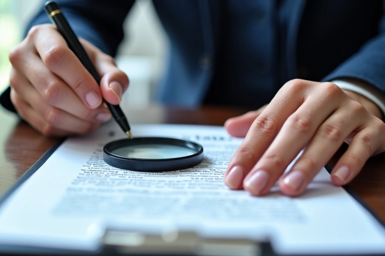 Persona che legge un contratto con lente d'ingrandimento